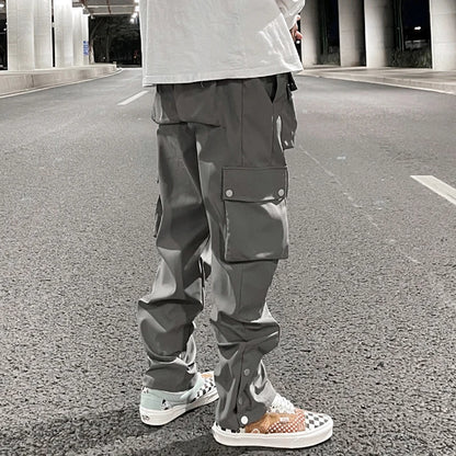 high street multi pocket casual trousers for men and women side breasted drawstring cargo pants harajuku solid loose pants unique cargo style 3118