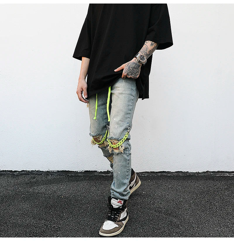 high street knee hole with chain ripped biker jeans mens slim fit denim pants autumn new streetwear casual hip hop pants joggers unique joggers style 3244