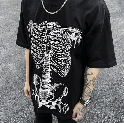 Summer Hip-hop Skull Printed Men Short-sleeved T-shirt Cotton Casual Unisex O-neck Loose Harajuku Short-sleeved Tops Tee T-shirt Street King Limited