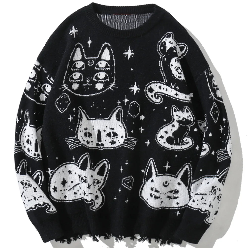 Aolamegs Sweaters Men Japanese Retro Cute Cat O-Neck Jumpers Advanced College Style Fashion Knitted Tops Loose Casual Streetwear Street King Limited