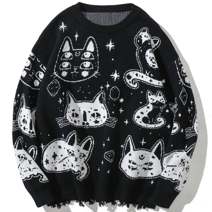 Aolamegs Sweaters Men Japanese Retro Cute Cat O-Neck Jumpers Advanced College Style Fashion Knitted Tops Loose Casual Streetwear Street King Limited