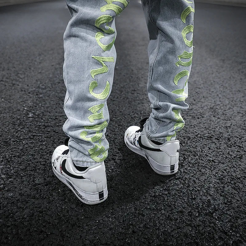 men back letter embroidery denim jean pants fashion slim zipper biker jeans trouser new casual hip hop streetwear pants joggers streetwear sweatpants