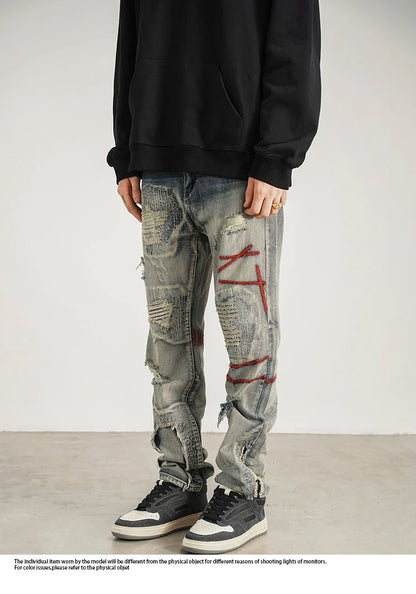 destroyed ripped straight jeans pants mens distressed biker jeans fashion irregular embroidery streetwear hip hop pants joggers unique joggers style 2941