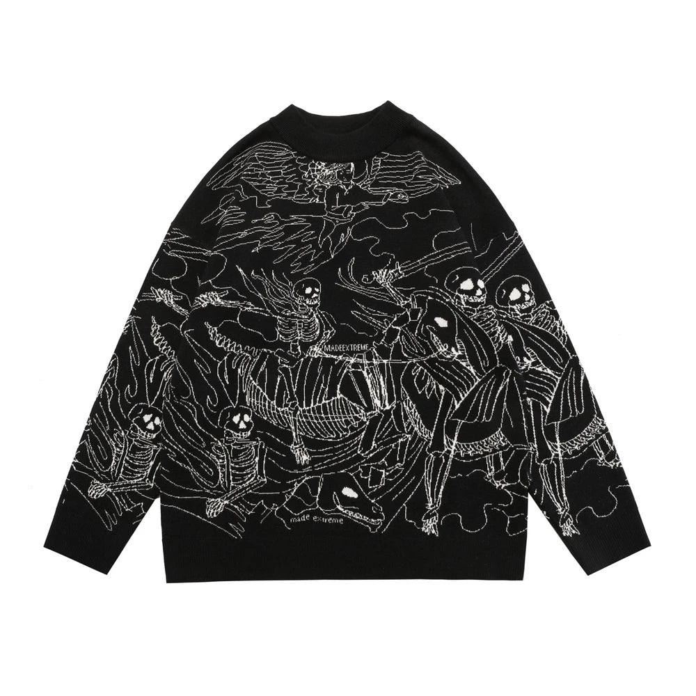 Vintage Knitted Sweater Harajuku Ukiyo-e Style Skull Graffiti Pullover 2021 Autumn Streetwear Sweater Men Women Cotton Knitwear Street King Limited