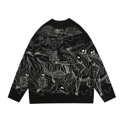 Vintage Knitted Sweater Harajuku Ukiyo-e Style Skull Graffiti Pullover 2021 Autumn Streetwear Sweater Men Women Cotton Knitwear Street King Limited