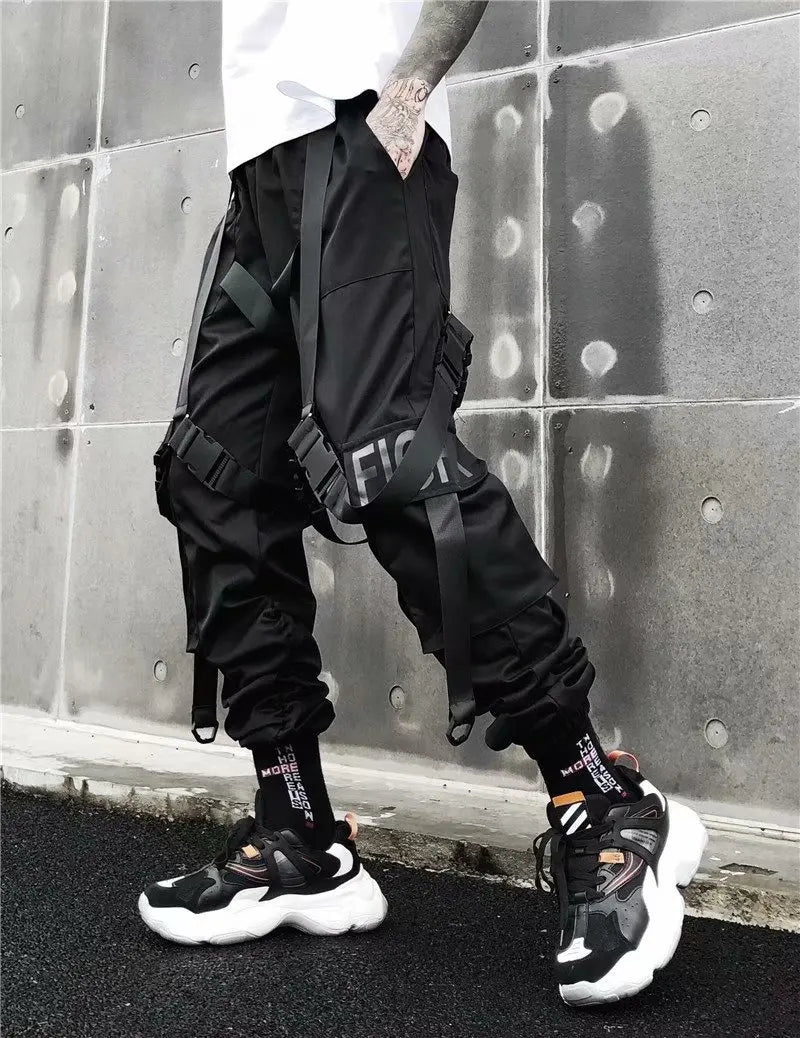 men hip hop black cargo pants joggers sweatpants overalls men ribbons streetwear harem pants women fashions trousers unique joggers style 2523