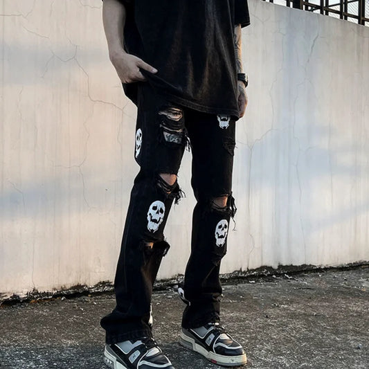 fashion skull printed denim jeans mens destoryed holes zipper flare jeans hip hop streetwear summer casual joggers jeans pants urban active pants