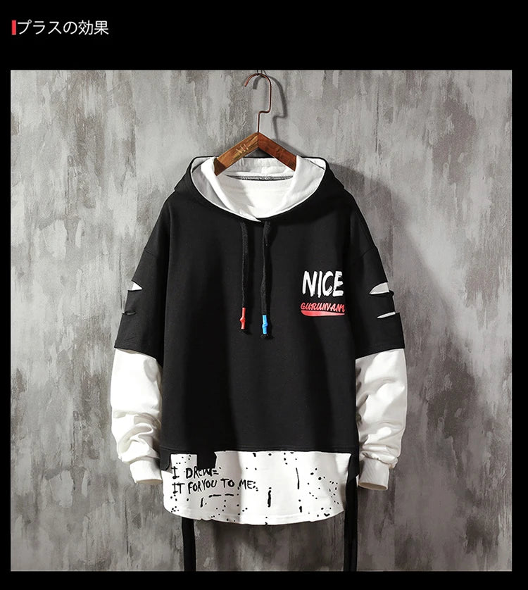Men Ribben Hooded Sweatshirt Autumn Male Fashion Hoodie Men's Sweatshirts Solid Color Splice Hoodies Street Style Street King Limited