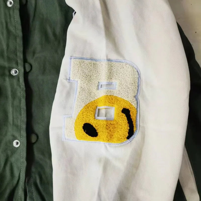 hip hop mens baseball jacket harajuku cotton streetwear embroidery letter funny smiley patchwork college jacket coat couple clean everyday pants
