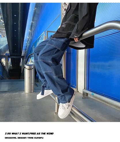 men jeans wide leg denim pants loose straight baggy mens jeans hip hop streetwear skateboard neutral denim trousers cargo jeans unique cargo style 2460