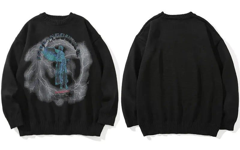 GONTHWID Knitted Sweaters Hip Hop Lightning 3D Angel Statue Print Pullover Sweater Streetwear Hip Hop Fashion Casual Loose Tops Street King Limited