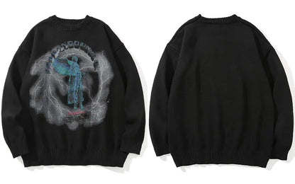 GONTHWID Knitted Sweaters Hip Hop Lightning 3D Angel Statue Print Pullover Sweater Streetwear Hip Hop Fashion Casual Loose Tops Street King Limited