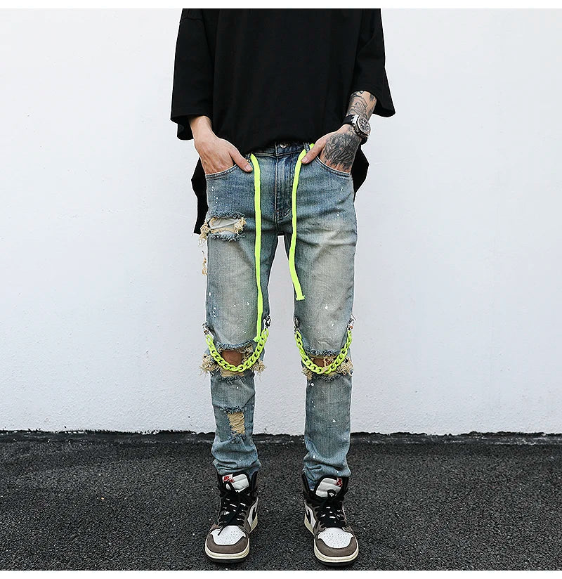 high street knee hole with chain ripped biker jeans mens slim fit denim pants autumn new streetwear casual hip hop pants joggers unique joggers style 3242