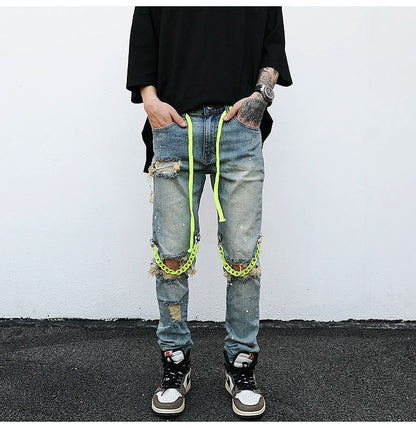 high street knee hole with chain ripped biker jeans mens slim fit denim pants autumn new streetwear casual hip hop pants joggers unique joggers style 3242