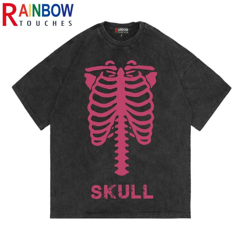 Rainbowtouhes 2022 New High Street Fashion Hip Hop Trend Short Sleeve Skeleton Graphic T-shirt Oversized Retro Wash Casual Top Street King Limited