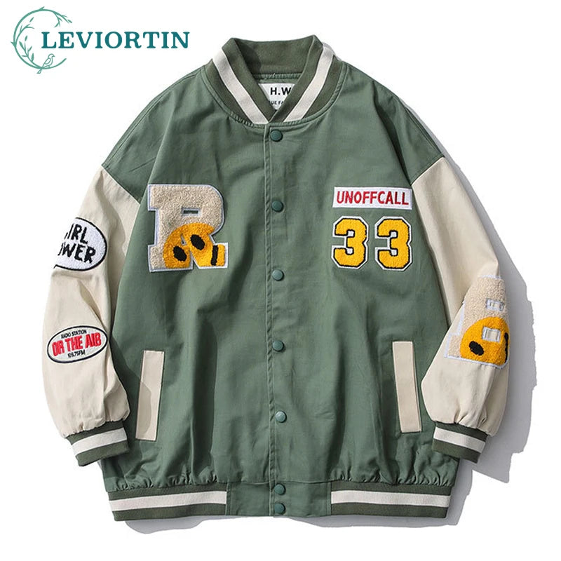 hip hop mens baseball jacket harajuku cotton streetwear embroidery letter funny smiley patchwork college jacket coat couple urban fashion pants
