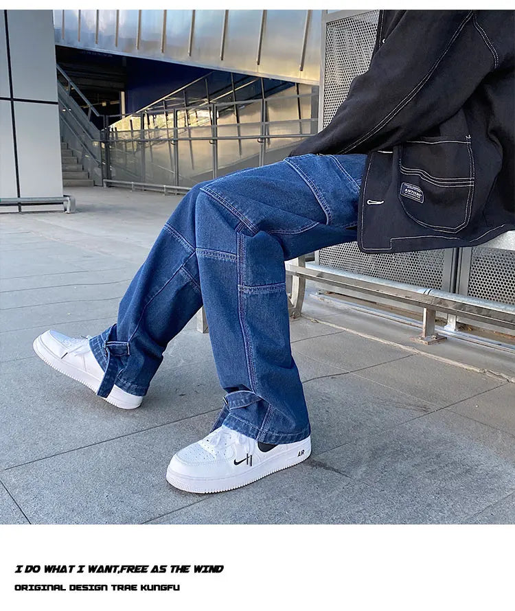 men jeans wide leg denim pants loose straight baggy mens jeans hip hop streetwear skateboard neutral denim trousers cargo jeans unique cargo style 2459