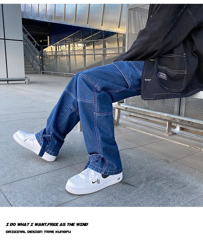 men jeans wide leg denim pants loose straight baggy mens jeans hip hop streetwear skateboard neutral denim trousers cargo jeans unique cargo style 2459