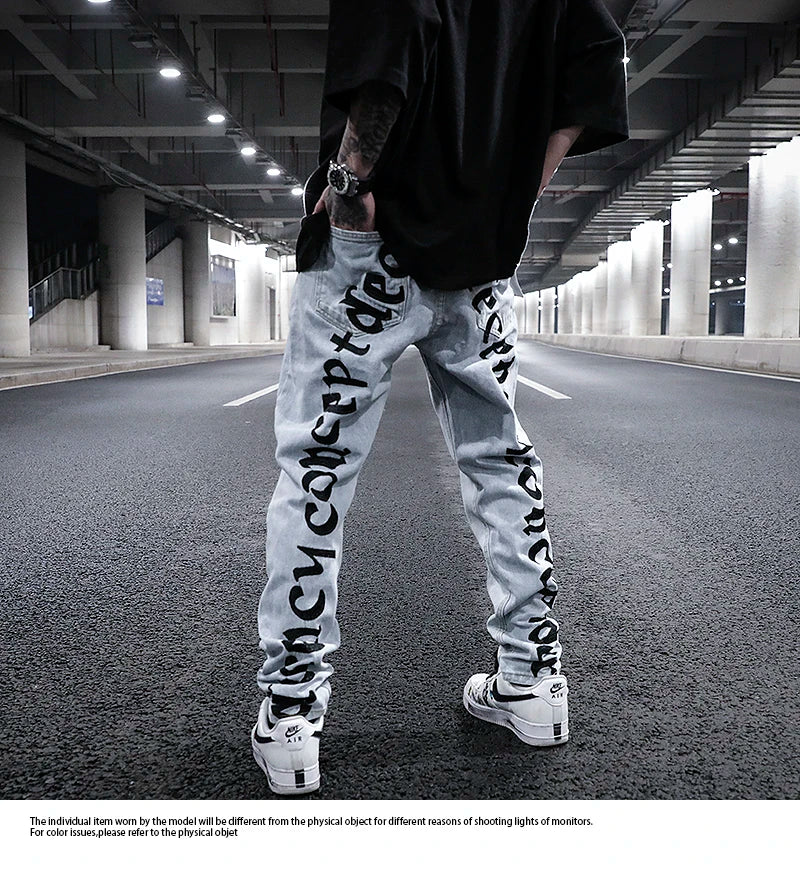 men back letter embroidery denim jean pants fashion slim zipper biker jeans trouser new casual hip hop streetwear pants joggers unique joggers style 284