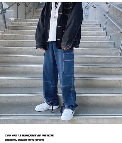 men jeans wide leg denim pants loose straight baggy mens jeans hip hop streetwear skateboard neutral denim trousers cargo jeans unique cargo style 2461