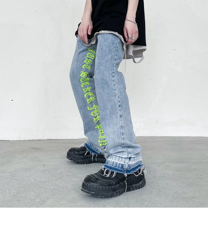 fashion letters embroidery denim flare jeans mens high street elastic waist straight trouser hip hop streetwear pants joggers unique joggers style 3780