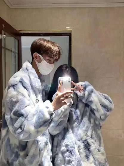 Tie-dyed lamb wool oversized sweater women's fried street high-end sense of warmth couples cotton coat loose lamb plush jacket Street King Limited