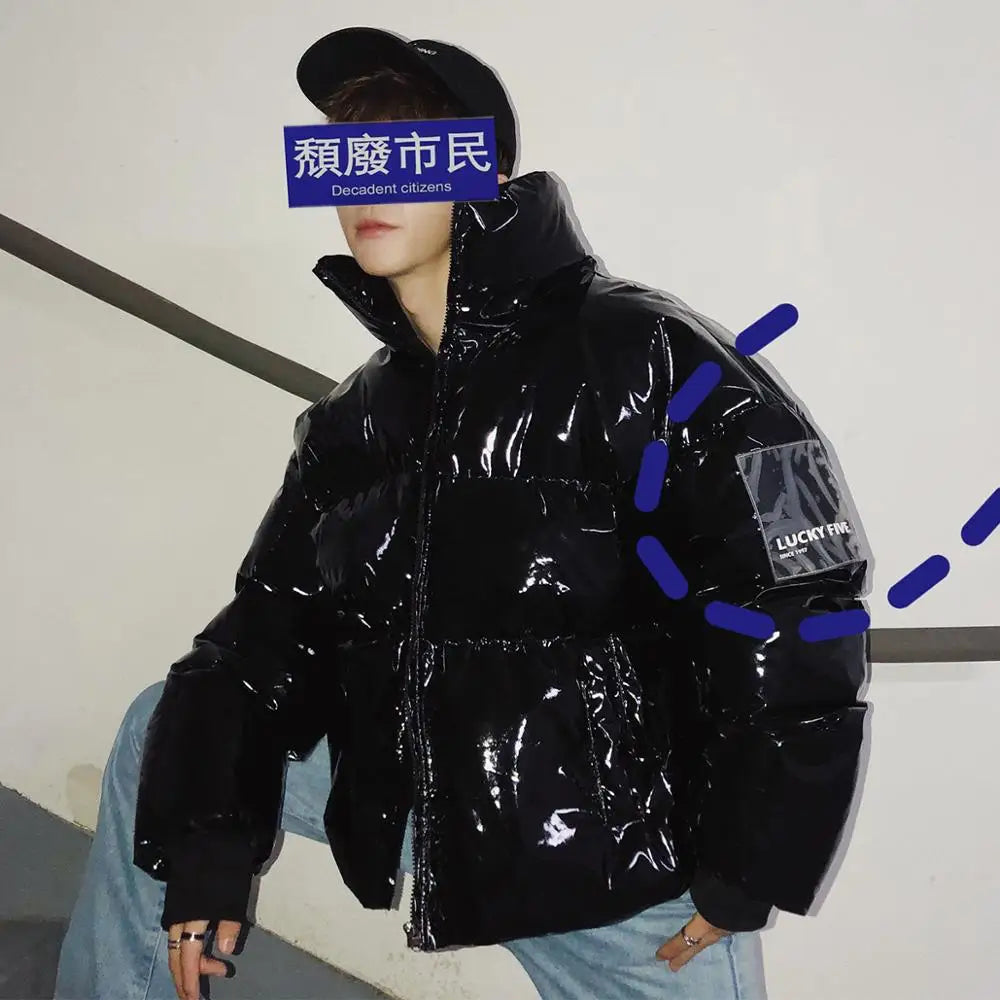NEW Winter collar loose bright leather fabric jacket wind thick warm coat men women couple purple cotton clothing Street King Limited