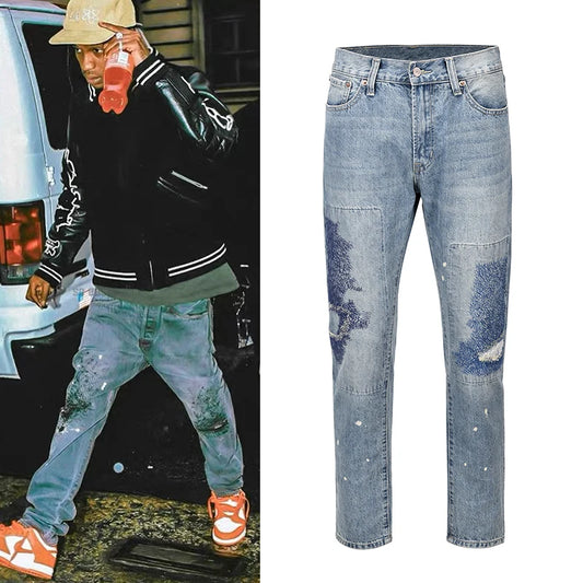 Heavy Industry Electric Embroidery Burning Washed Jeans Mens and Womens Patchwork Streetwear Harajuku Oversize Denim Trousers Street King Limited