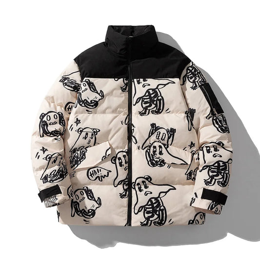 Cotton Padded Thick Parkas Jackets Streetwear Hip Hop Print Windproof Warm Zip Coats Fashion Harajuku Outwear Mens Clothing Street King Limited
