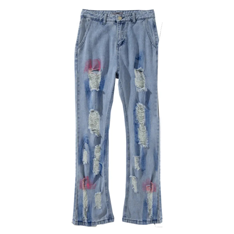 fashion back letters printed denim flare jeans mens zipper straight trouser hip hop destroy holes streetwear jean pants joggers urban active pants