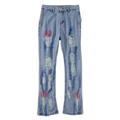 fashion back letters printed denim flare jeans mens zipper straight trouser hip hop destroy holes streetwear jean pants joggers urban active pants