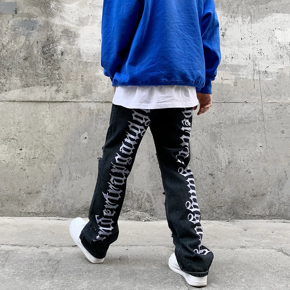 fashion back letters embroidery denim flare jeans mens zipper straight trouser hip hop destroy holes streetwear pants joggers unique joggers style 4610
