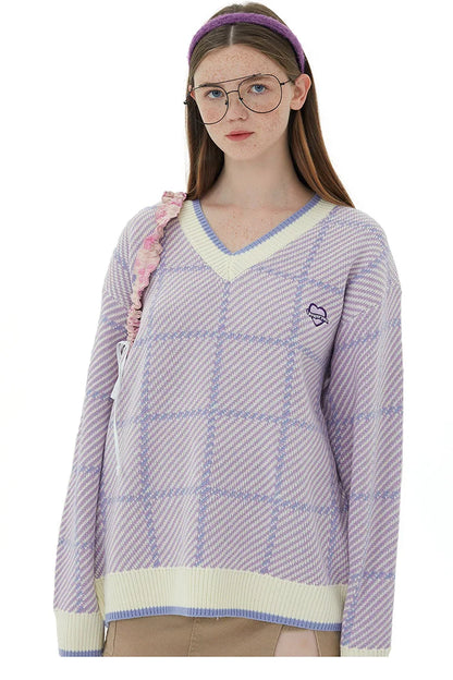 Men Hip Hop Knitted Sweater Streetwear Embroidery Heart Plaid Pullover 2023 Autumn Harajuku Cotton Casual Pullover Sweater Blue Street King Limited