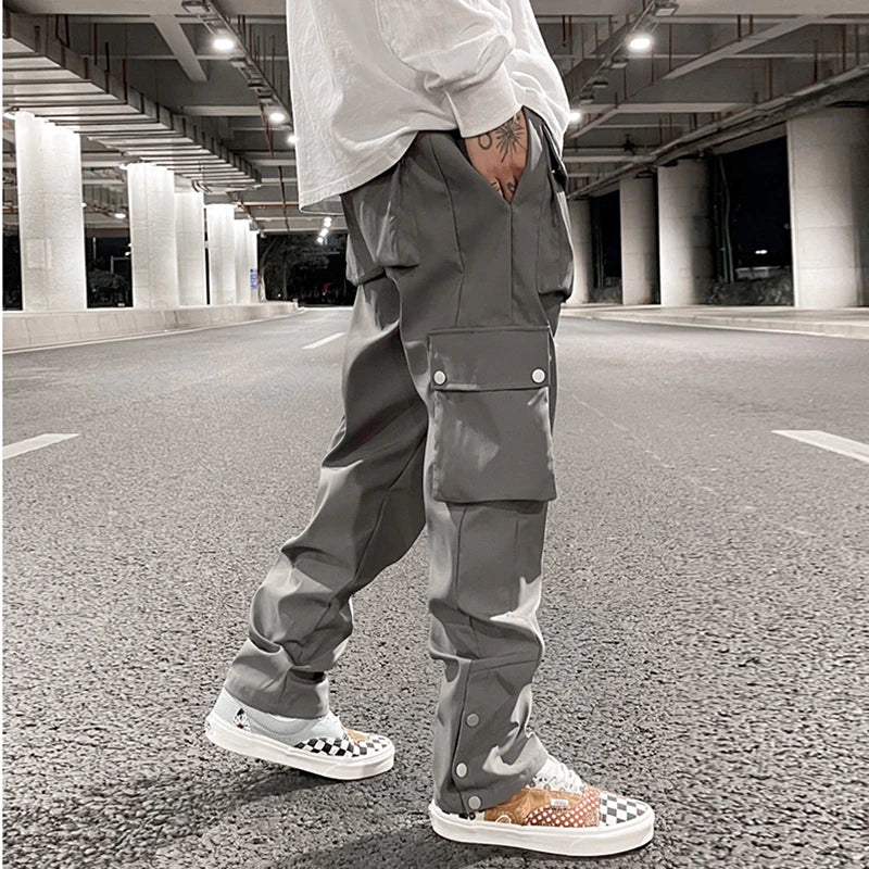 high street multi pocket casual trousers for men and women side breasted drawstring cargo pants harajuku solid loose pants multi-pocket cargos