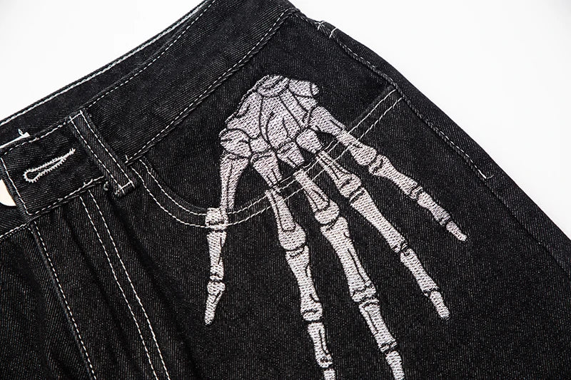 retro skull hand bone embroidery washed mens jeans pants vibe style straight casual oversize denin trousers streetwear unique jeans style 7