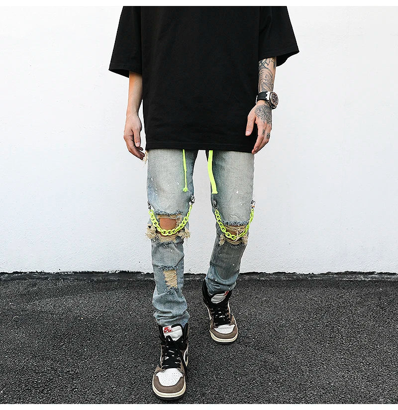 high street knee hole with chain ripped biker jeans mens slim fit denim pants autumn new streetwear casual hip hop pants joggers unique joggers style 3241