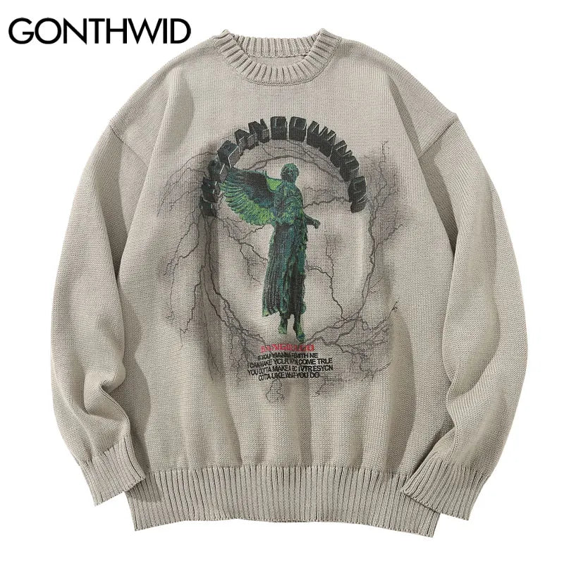 GONTHWID Knitted Sweaters Hip Hop Lightning 3D Angel Statue Print Pullover Sweater Streetwear Hip Hop Fashion Casual Loose Tops Street King Limited
