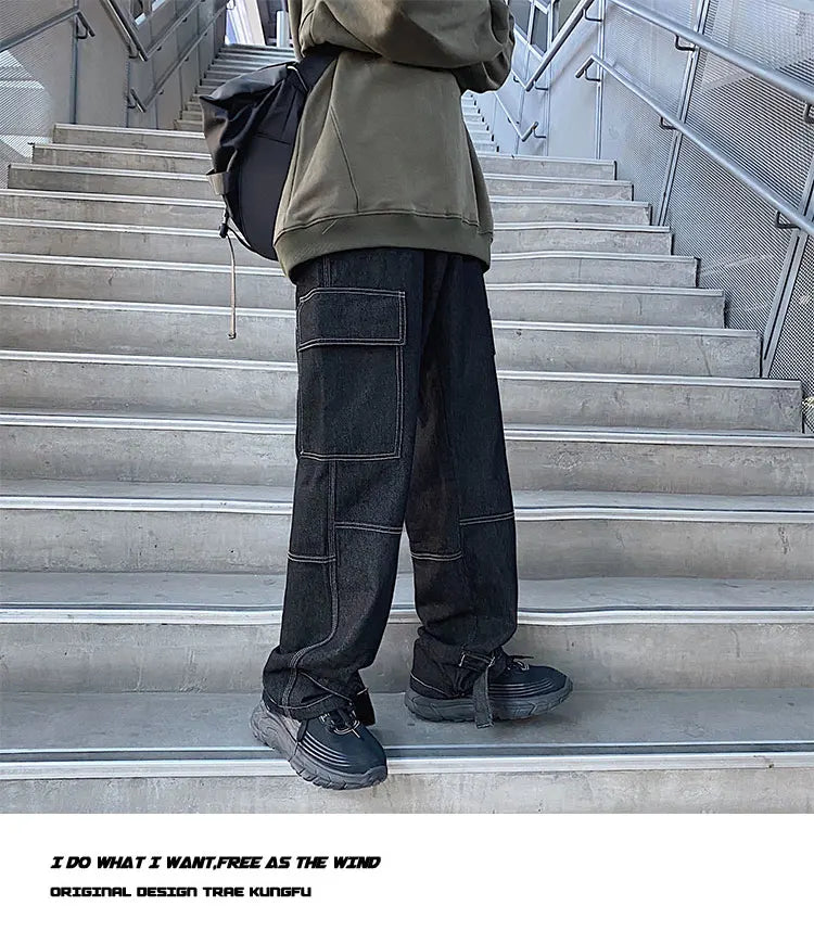 men jeans wide leg denim pants loose straight baggy mens jeans hip hop streetwear skateboard neutral denim trousers cargo jeans unique cargo style 2482