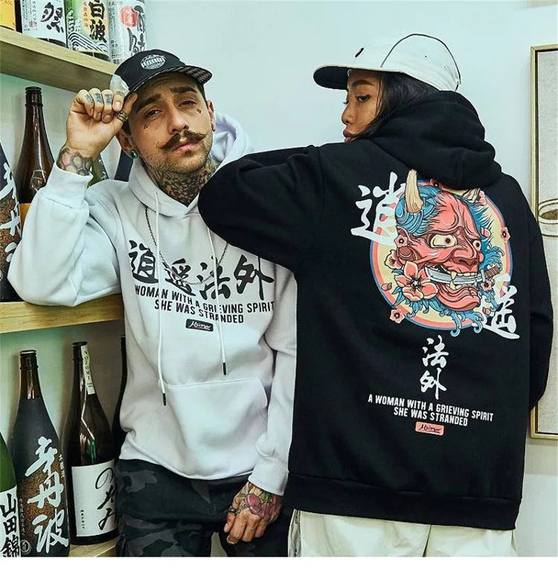 Japanese Chinese Style Hoodies Streetwear Sweatshirt Hooded Hip Hop Evil Devil Printed Hoodie Gothic Kpop Men Autumn Tops Male Street King Limited