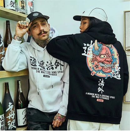 Japanese Chinese Style Hoodies Streetwear Sweatshirt Hooded Hip Hop Evil Devil Printed Hoodie Gothic Kpop Men Autumn Tops Male Street King Limited