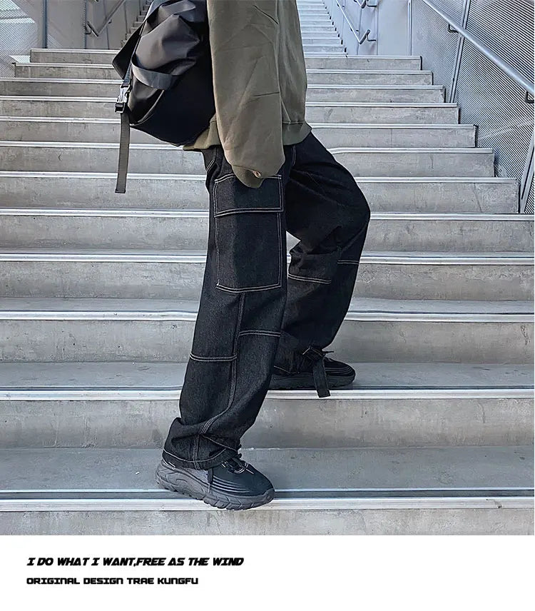 men jeans wide leg denim pants loose straight baggy mens jeans hip hop streetwear skateboard neutral denim trousers cargo jeans unique cargo style 2479