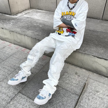 mens high street denim jean pants new casual loose ripped holes straight zipper white jeans trousers hip hop streetwear joggers urban active pants