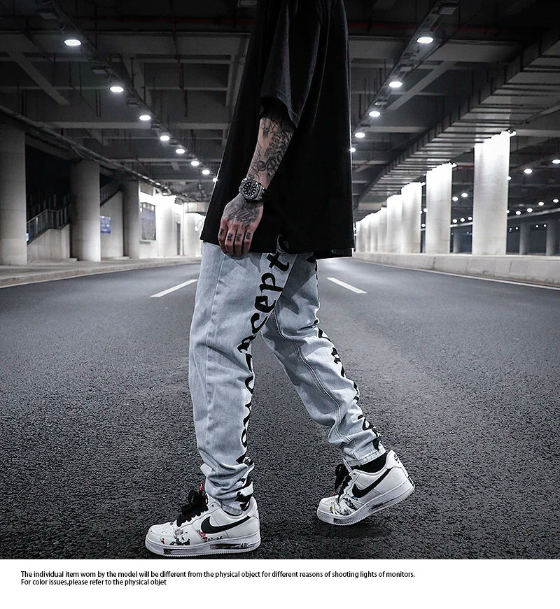 men back letter embroidery denim jean pants fashion slim zipper biker jeans trouser new casual hip hop streetwear pants joggers unique joggers style 286