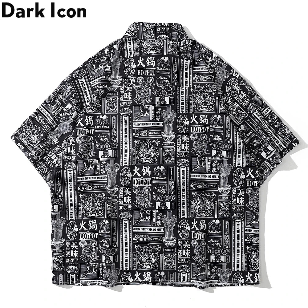 Dark Icon Full Printed Oversized Shirt for Men Summer Loose Men's Shirts Male Top Black Red Street King Limited