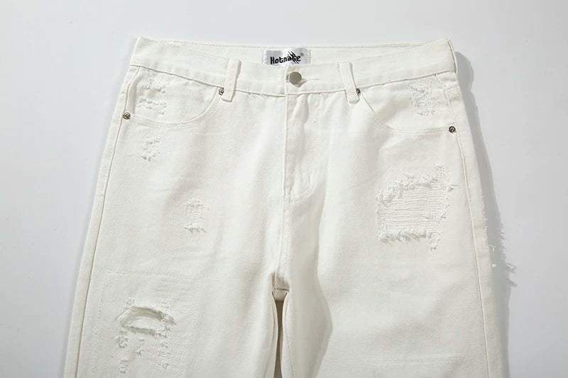 Harajuku Back Zipper Hole Ripped White Jeans Pants Mens Straight Washed Retro Oversized Streetwear Casual Denim Trousers Street King Limited