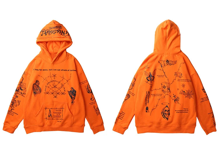 2023 Hip Hop Hoodie Sweatshirt Men Streetwear Skull Graffiti Print Hoodie Pullover Cotton Autumn Grey Harajuku Punk Clothes New Street King Limited