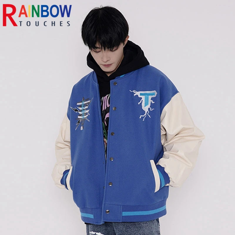rainbowtouches men trendy hiphop embroidered baseball uniform single breasted side pocket high street stitched pu leather jacket menswear bottoms