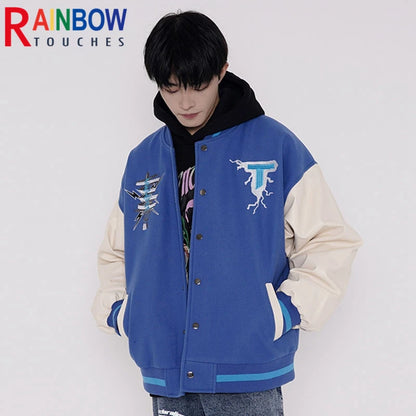 rainbowtouches men trendy hiphop embroidered baseball uniform single breasted side pocket high street stitched pu leather jacket menswear bottoms