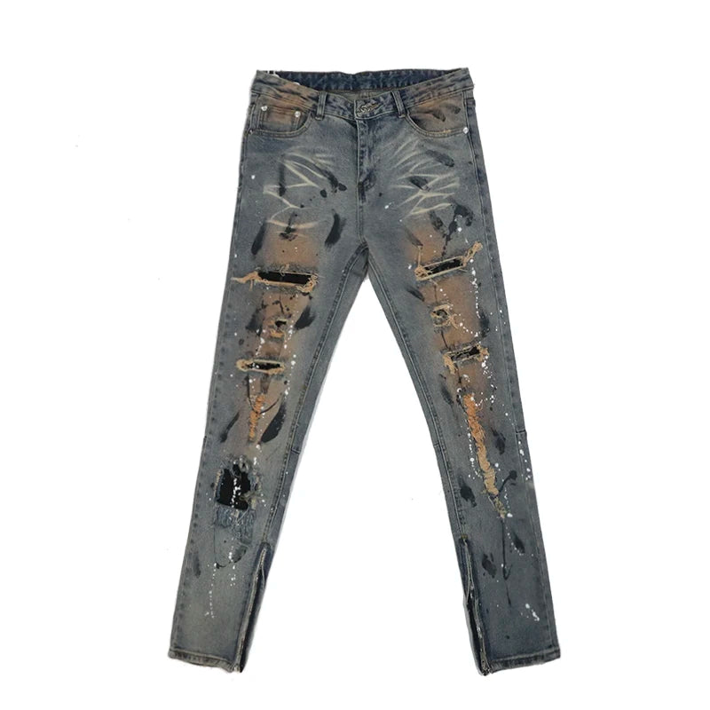 bottom zipper destroyed jeans skinny jeans ripped slim men biker jeans fashion graffiti printed streetwear hip hop pants joggers unique joggers style 5119