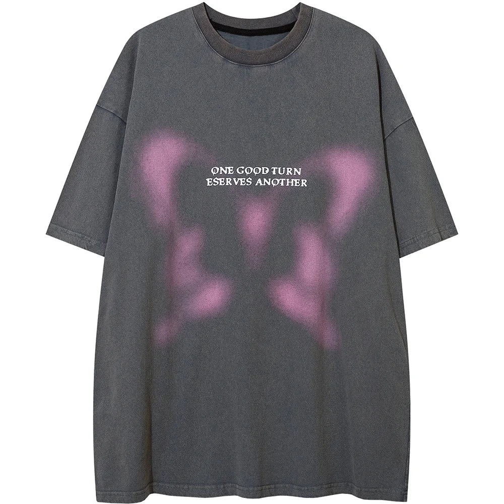 Aolamegs Butterfly Inkjet Letter Print Washed T-shirt Men Short Sleeve Tops Retro High Street Baggy Oversized Tees Shirts Couple Street King Limited